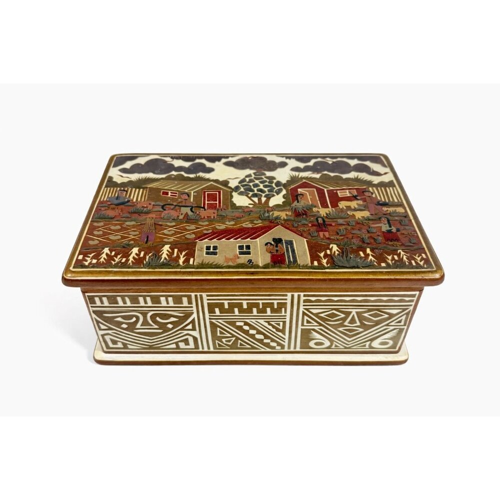 Wooden Box Hinged Gilberto Granja Farm Scene Hand Carved Artisan Chest Vintage